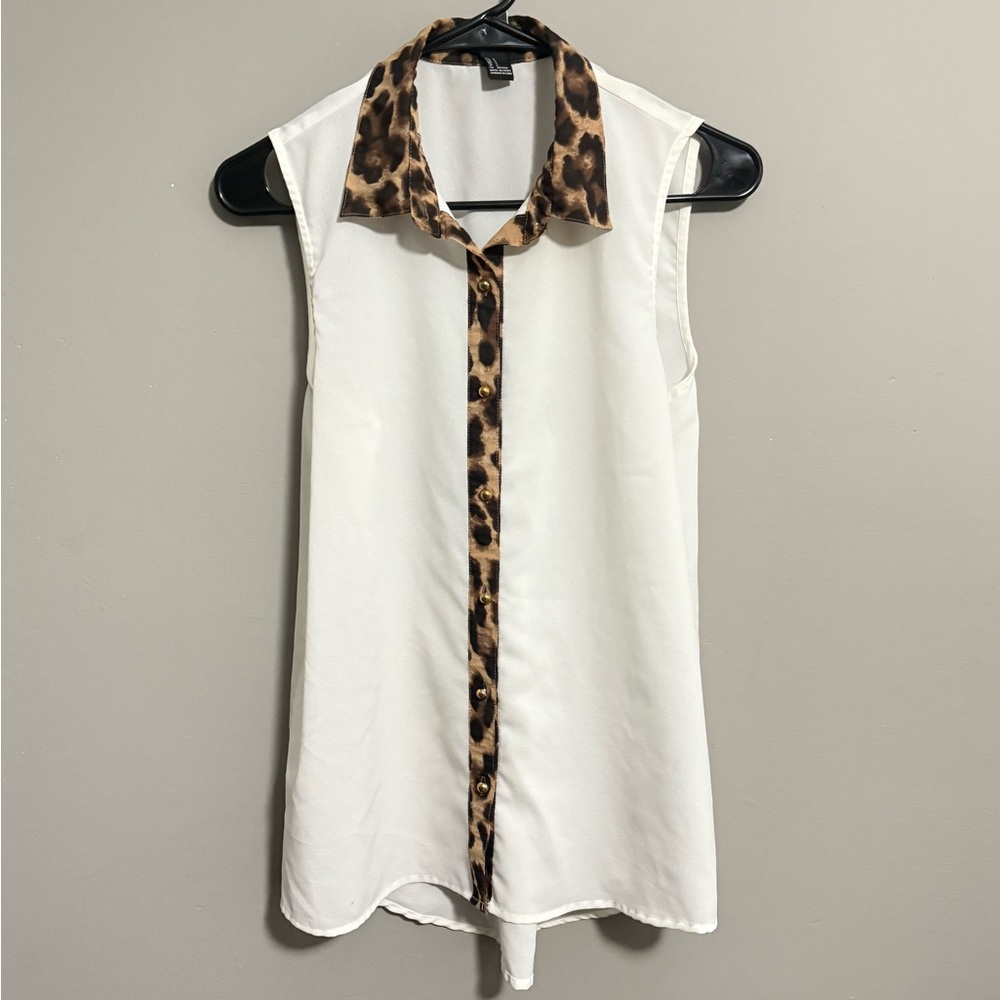 Forever 21 White Blouse with Leopard Print Accents
